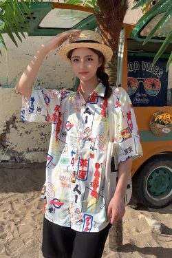 Hawaiian Floral Short Sleeve Shirt for Women - Loose Fit Beach Top in Hong Kong Style for Seaside Vacation