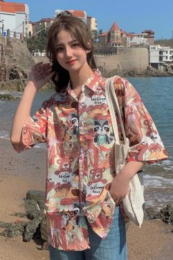 Hawaiian Floral Short Sleeve Shirt for Women - Loose Fit Beach Top in Hong Kong Style for Seaside Vacation