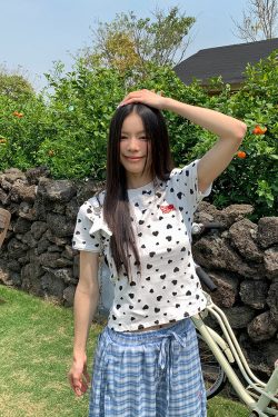 Heart Polka Dot Short Sleeve T-Shirt for Women - Slim Fit American Style Top for Spring and Summer