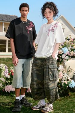 Heavy Embroidery Floral Letter T-Shirt - Short Sleeve Vintage American Style Unisex Top for Summer 2025 Fashion