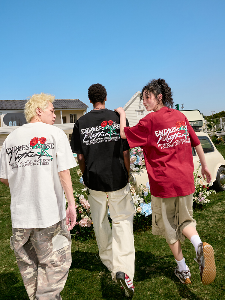 Heavy Embroidery Rose Short Sleeve T-Shirt - Vintage American Style Unisex Tee, Trendy Loose Fit, 2025 Fashion Essential Heavy Embroidery Rose Short Sleeve T-Shirt - Vintage American Style Unisex Tee, Trendy Loose Fit, 2025 Fashion Essential