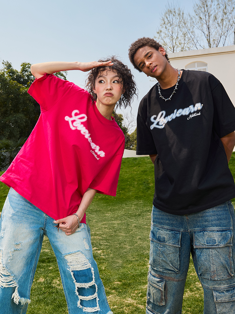 Heavyweight American Vintage Pearl Letter Print Short Sleeve T-Shirt Unisex Loose Fit 2025 Summer Streetwear Heavyweight American Vintage Pearl Letter Print Short Sleeve T-Shirt Unisex Loose Fit 2025 Summer Streetwear