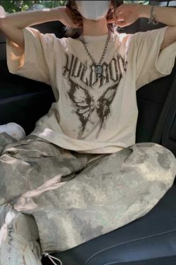 Heavyweight Cotton Butterfly Print Short-Sleeve T-Shirt for Men and Women - Retro American Casual Style