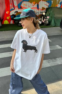 Heavyweight Dachshund Print Short Sleeve T-Shirt - Vintage Unisex Loose Fit, Trendy 90s Inspired Casual Top