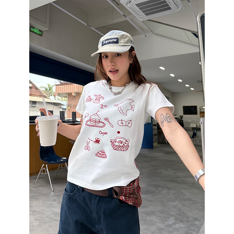 Heavyweight Embroidered Micro Loose Short Sleeve T-Shirt for Women - Versatile Summer Top, Casual Style, Y2K Fashion Heavyweight Embroidered Micro Loose Short Sleeve T-Shirt for Women - Versatile Summer Top, Casual Style, Y2K Fashion
