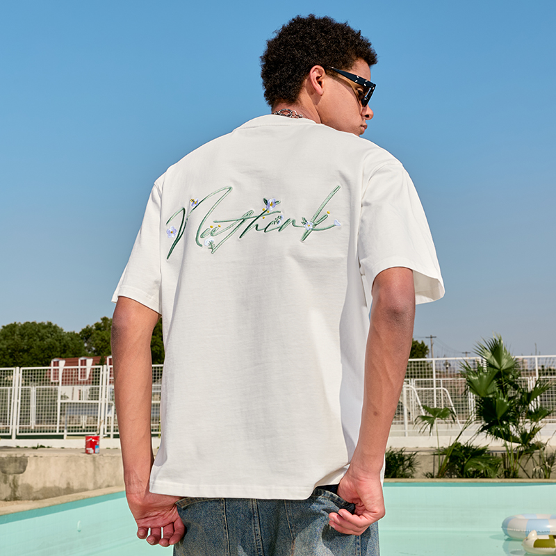 Heavyweight Floral Embroidered Short Sleeve T-Shirt for Men and Women - American Streetwear, Loose Fit, 2025 Summer Style Heavyweight Floral Embroidered Short Sleeve T-Shirt for Men and Women - American Streetwear, Loose Fit, 2025 Summer Style