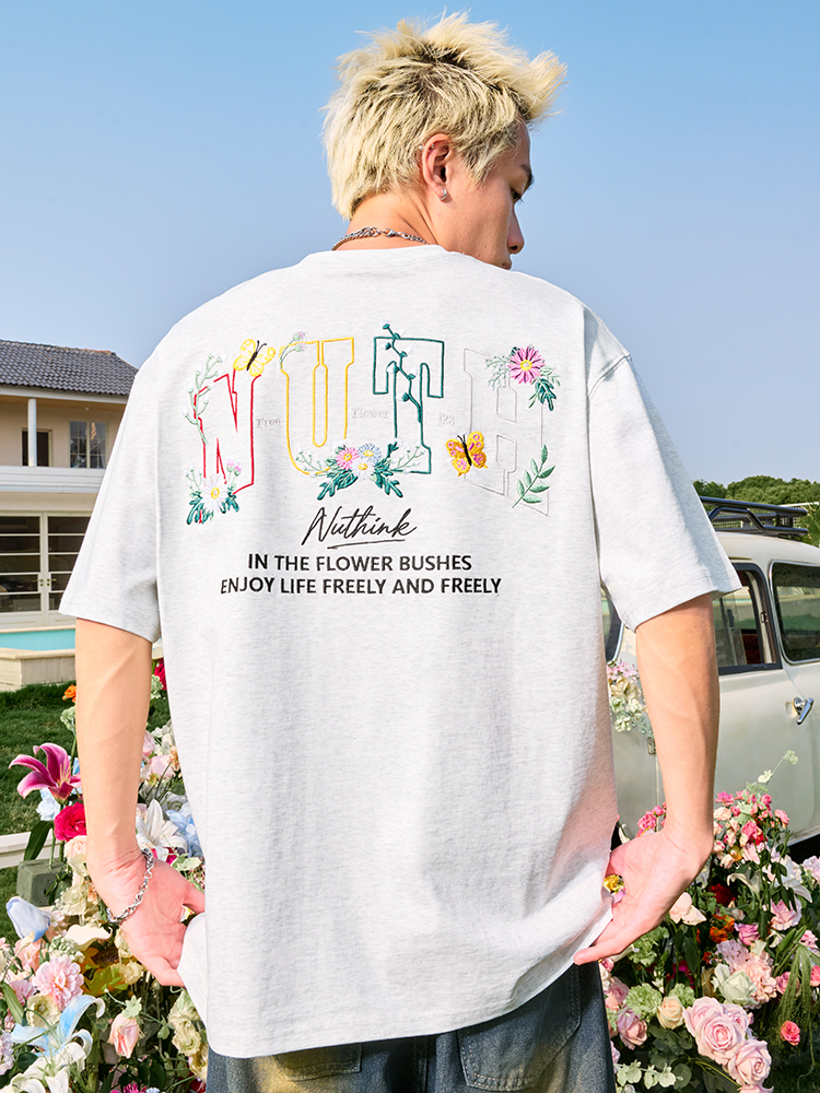 Heavyweight Floral Embroidery Letter Short Sleeve T-Shirt for Men - Streetwear Loose Fit Hip Hop Style - Summer 2025 Fashion Heavyweight Floral Embroidery Letter Short Sleeve T-Shirt for Men - Streetwear Loose Fit Hip Hop Style - Summer 2025 Fashion