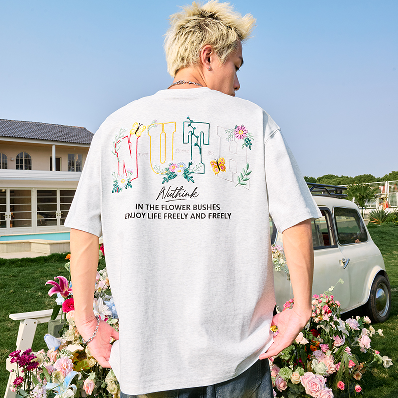 Heavyweight Floral Embroidery Letter Short Sleeve T-Shirt for Men - Streetwear Loose Fit Hip Hop Style - Summer 2025 Fashion Heavyweight Floral Embroidery Letter Short Sleeve T-Shirt for Men - Streetwear Loose Fit Hip Hop Style - Summer 2025 Fashion