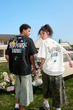 Heavyweight Floral Embroidery T-Shirt for Men and Women, Vintage Streetwear Style, Short Sleeve, 2025 Summer Fashion