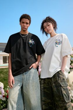 Heavyweight Floral Embroidery T-Shirt for Men and Women, Vintage Streetwear Style, Short Sleeve, 2025 Summer Fashion