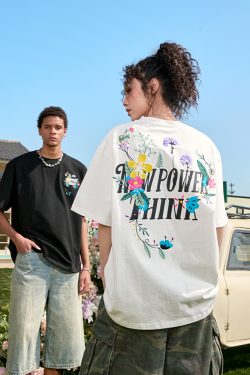 Heavyweight Floral Embroidery T-Shirt for Men and Women, Vintage Streetwear Style, Short Sleeve, 2025 Summer Fashion