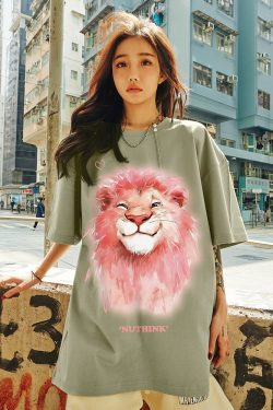 Heavyweight Lion Print Short Sleeve Men's T-Shirt – Trendy Loose Fit Plus Size Summer Style for Couples