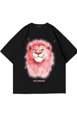 Heavyweight Lion Print Short Sleeve Men's T-Shirt – Trendy Loose Fit Plus Size Summer Style for Couples