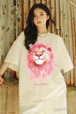 Heavyweight Lion Print Short Sleeve Men's T-Shirt – Trendy Loose Fit Plus Size Summer Style for Couples