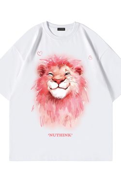 Heavyweight Lion Print Short Sleeve Men's T-Shirt – Trendy Loose Fit Plus Size Summer Style for Couples