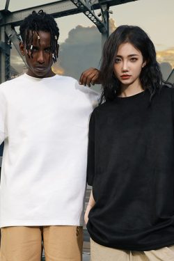 Heavyweight Solid Color Suede Short Sleeve T-Shirt for Men - Loose Fit Trendy Summer Streetwear Top