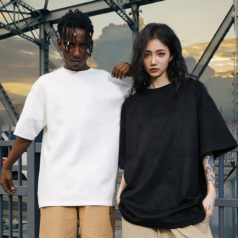 Heavyweight Solid Color Suede Short Sleeve T-Shirt for Men - Loose Fit Trendy Summer Streetwear Top Heavyweight Solid Color Suede Short Sleeve T-Shirt for Men - Loose Fit Trendy Summer Streetwear Top