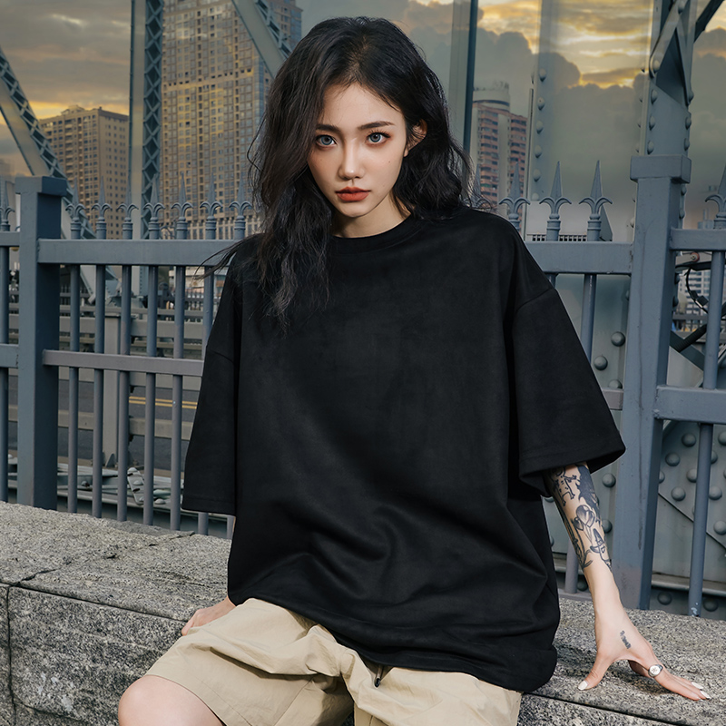 Heavyweight Solid Color Suede Short Sleeve T-Shirt for Men - Loose Fit Trendy Summer Streetwear Top Heavyweight Solid Color Suede Short Sleeve T-Shirt for Men - Loose Fit Trendy Summer Streetwear Top