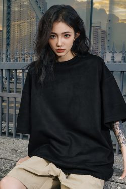 Heavyweight Solid Color Suede Short Sleeve T-Shirt for Men - Loose Fit Trendy Summer Streetwear Top