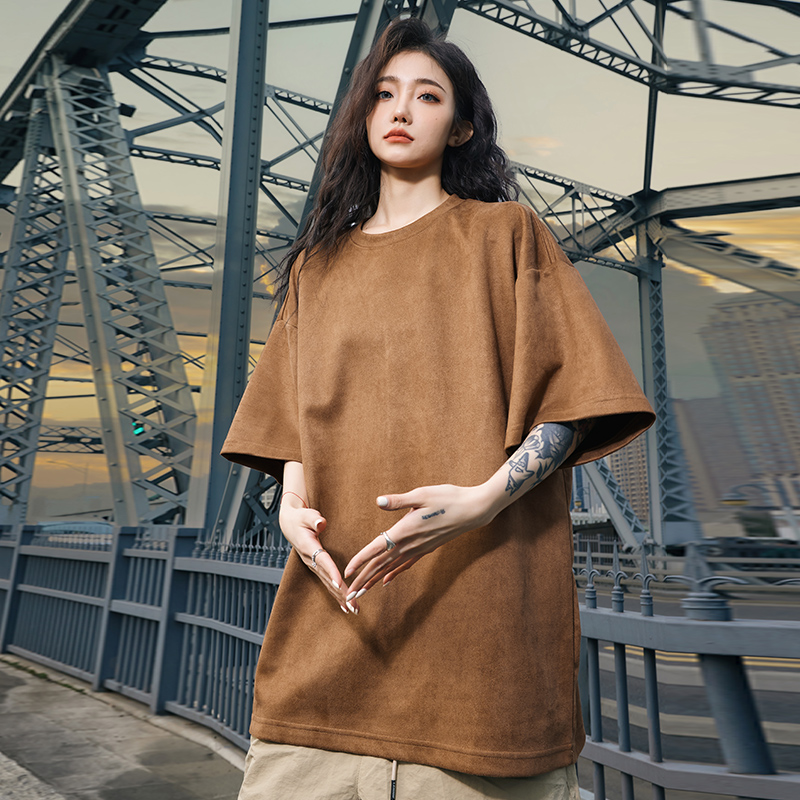 Heavyweight Solid Color Suede Short Sleeve T-Shirt for Men - Loose Fit Trendy Summer Streetwear Top Heavyweight Solid Color Suede Short Sleeve T-Shirt for Men - Loose Fit Trendy Summer Streetwear Top