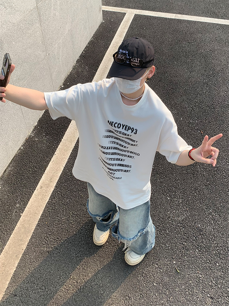 Heavyweight Streetwear Loose Fit Letter Print Short Sleeve T-Shirt for Men - 2025 Summer American High Street Style Heavyweight Streetwear Loose Fit Letter Print Short Sleeve T-Shirt for Men - 2025 Summer American High Street Style