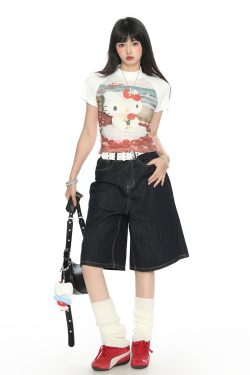 Hello Kitty Cartoon Short Sleeve T-Shirt for Women - Summer Slim Fit Round Neck Top, Cute Y2K Style