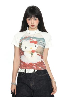Hello Kitty Cartoon Short Sleeve T-Shirt for Women - Summer Slim Fit Round Neck Top, Cute Y2K Style