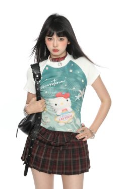 Hello Kitty Cartoon Short Sleeve T-Shirt for Women - Summer Slim Fit Round Neck Top, Cute Y2K Style