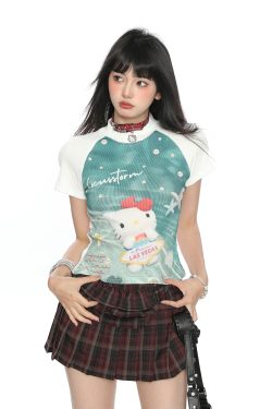Hello Kitty Cartoon Short Sleeve T-Shirt for Women - Summer Slim Fit Round Neck Top, Cute Y2K Style