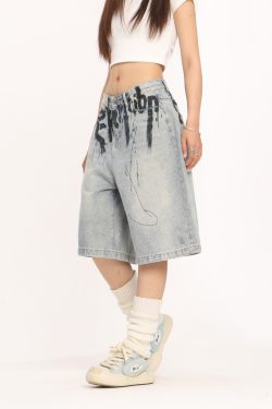 High-End American-Style Ink Spray Blue Jeans - Niche Design Straight Wide-Leg Cropped Pants for Trendy Casual Wear