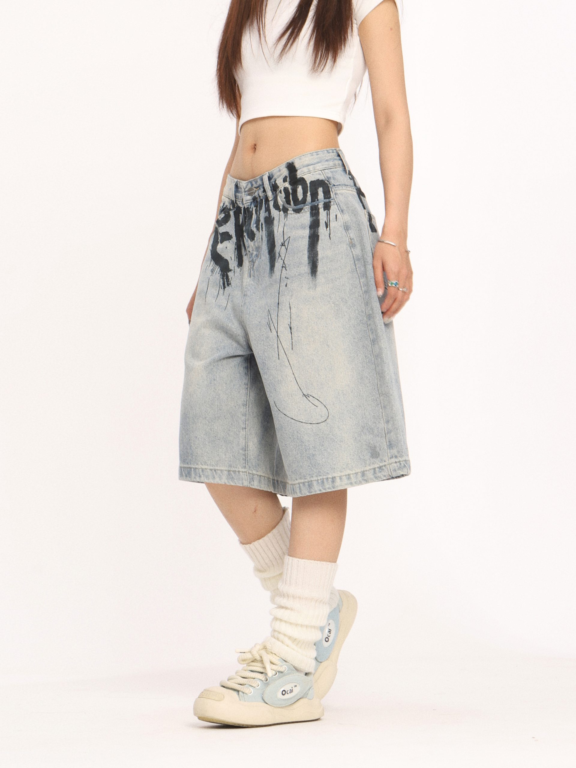 High-End American-Style Ink Spray Blue Jeans - Niche Design Straight Wide-Leg Cropped Pants for Trendy Casual Wear High-End American-Style Ink Spray Blue Jeans - Niche Design Straight Wide-Leg Cropped Pants for Trendy Casual Wear