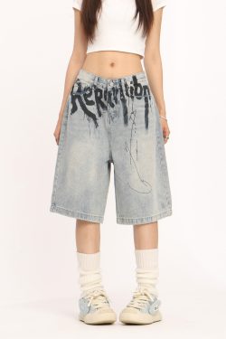 High-End American-Style Ink Spray Blue Jeans - Niche Design Straight Wide-Leg Cropped Pants for Trendy Casual Wear