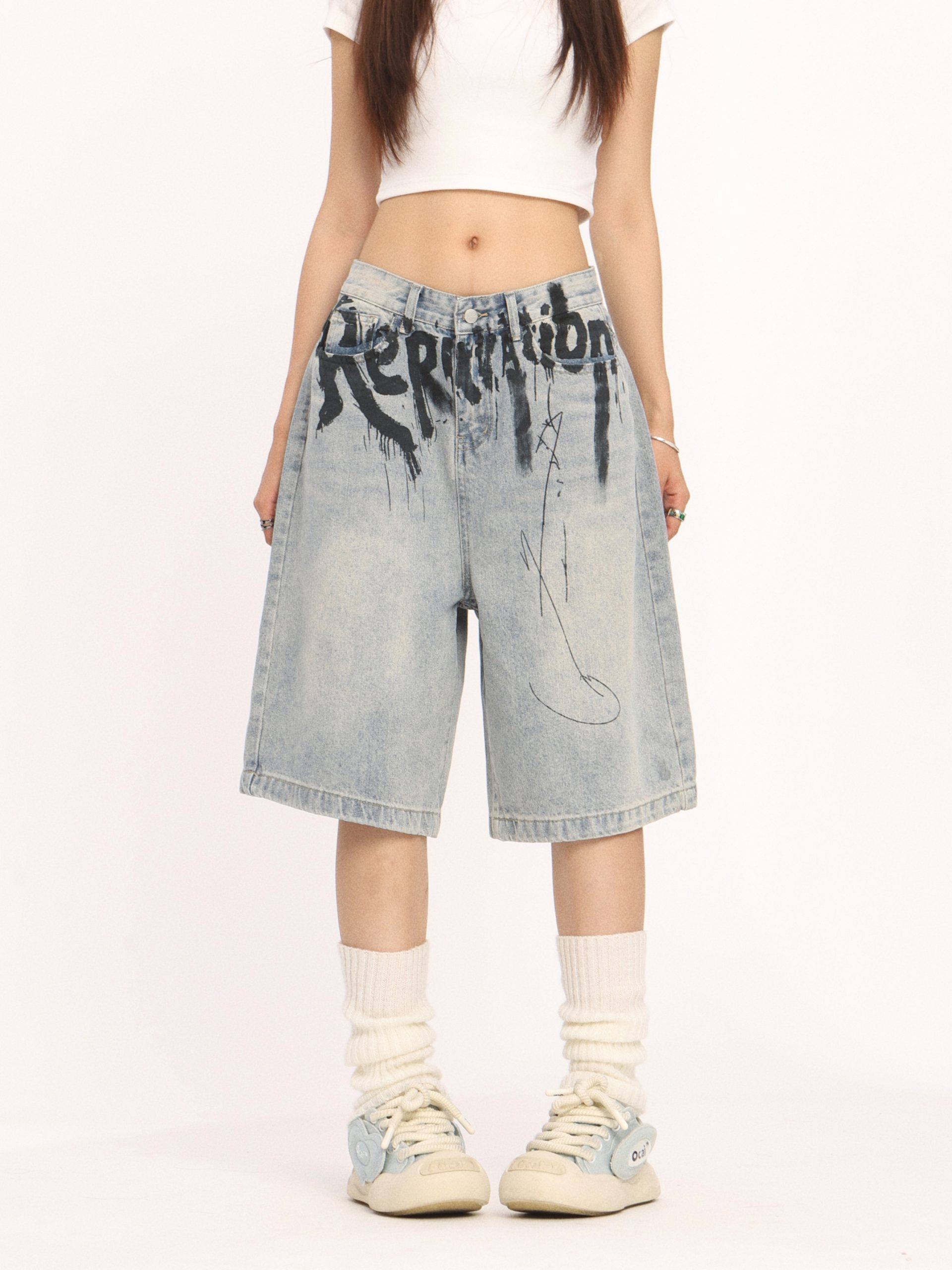 High-End American-Style Ink Spray Blue Jeans - Niche Design Straight Wide-Leg Cropped Pants for Trendy Casual Wear High-End American-Style Ink Spray Blue Jeans - Niche Design Straight Wide-Leg Cropped Pants for Trendy Casual Wear