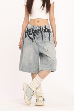 High-End American-Style Ink Spray Blue Jeans - Niche Design Straight Wide-Leg Cropped Pants for Trendy Casual Wear