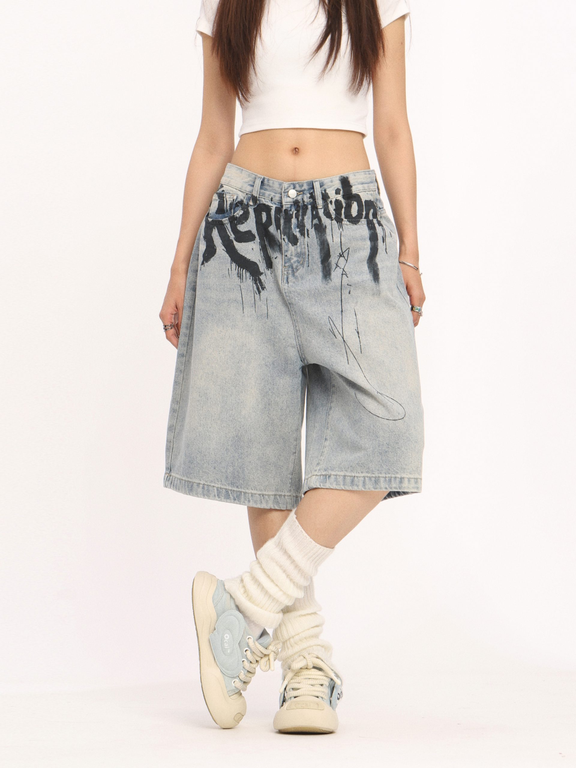 High-End American-Style Ink Spray Blue Jeans - Niche Design Straight Wide-Leg Cropped Pants for Trendy Casual Wear High-End American-Style Ink Spray Blue Jeans - Niche Design Straight Wide-Leg Cropped Pants for Trendy Casual Wear