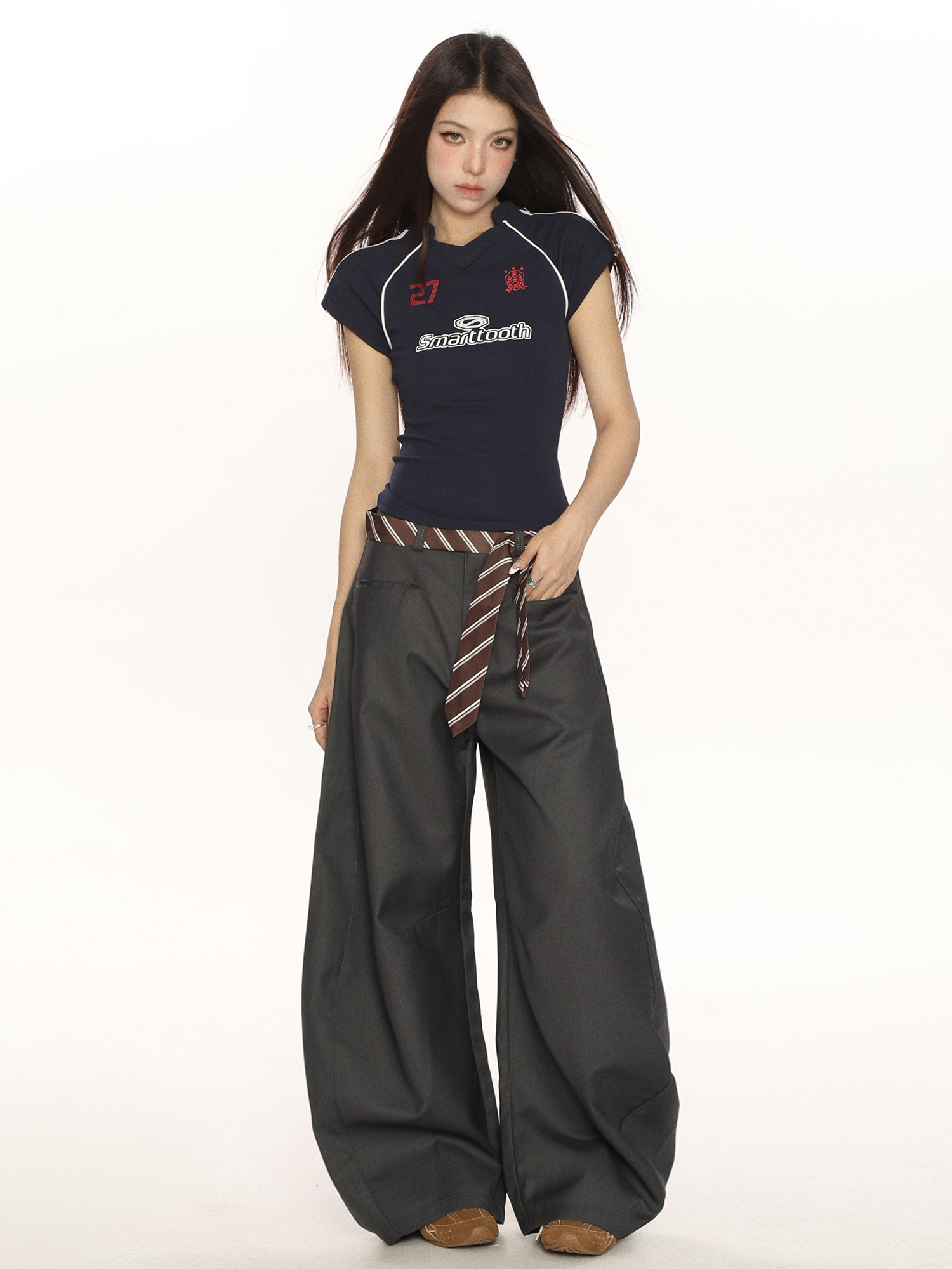 High-End Casual Wide-Leg Floor-Length Pants for Women - Unique Draped Design with Curved Blade Detail, Versatile Fashion Statement High-End Casual Wide-Leg Floor-Length Pants for Women - Unique Draped Design with Curved Blade Detail, Versatile Fashion Statement