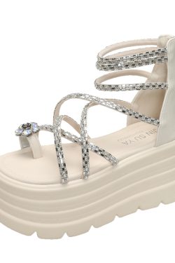 High-End Rhinestone Open-Toe Sandals for Women - 8cm Thick Sole, 2025 Summer Style, Perfect for Skirts, Chic Roman Footwear