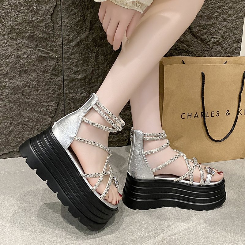 High-End Rhinestone Open-Toe Sandals for Women - 8cm Thick Sole, 2025 Summer Style, Perfect for Skirts, Chic Roman Footwear High-End Rhinestone Open-Toe Sandals for Women - 8cm Thick Sole, 2025 Summer Style, Perfect for Skirts, Chic Roman Footwear