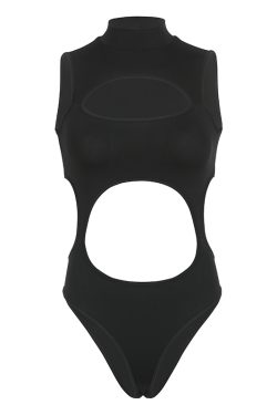 High Energy Motorcycle Deconstructed Hollow-Out Sexy High-Neck Bodysuit with Exposed Waist and Back - Trendy Y2K Style