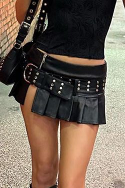 High Energy Motorcycle Style Sexy Split Rivet PU Leather Pleated Skirt - Trendy Streetwear for Hot Girls