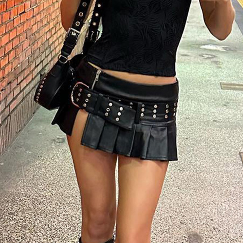 High Energy Motorcycle Style Sexy Split Rivet PU Leather Pleated Skirt - Trendy Streetwear for Hot Girls High Energy Motorcycle Style Sexy Split Rivet PU Leather Pleated Skirt - Trendy Streetwear for Hot Girls