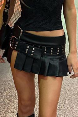 High Energy Motorcycle Style Sexy Split Rivet PU Leather Pleated Skirt - Trendy Streetwear for Hot Girls