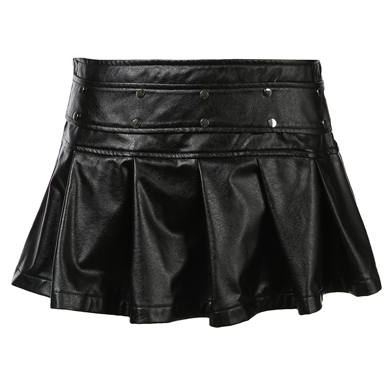 High Energy Motorcycle Style Sexy Split Rivet PU Leather Pleated Skirt - Trendy Streetwear for Hot Girls High Energy Motorcycle Style Sexy Split Rivet PU Leather Pleated Skirt - Trendy Streetwear for Hot Girls