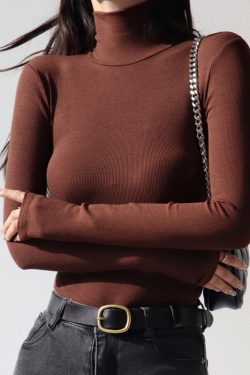 High-Neck Ribbed Long Sleeve T-Shirt - Sexy Slim-Fit Vintage Stretchy Base Layer Top for American Style Fashion