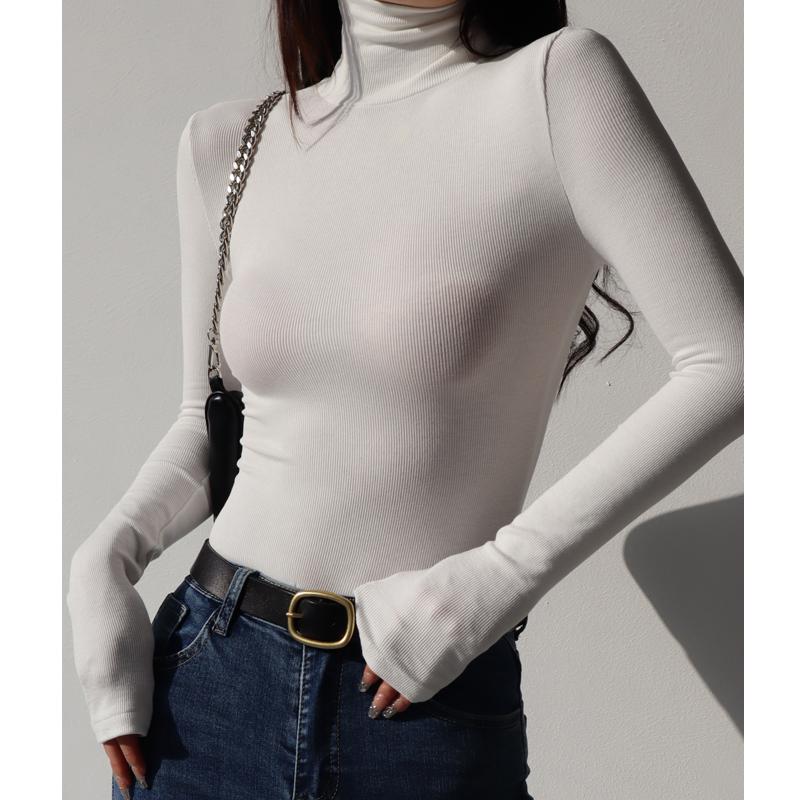 High-Neck Ribbed Long Sleeve T-Shirt - Sexy Slim-Fit Vintage Stretchy Base Layer Top for American Style Fashion High-Neck Ribbed Long Sleeve T-Shirt - Sexy Slim-Fit Vintage Stretchy Base Layer Top for American Style Fashion