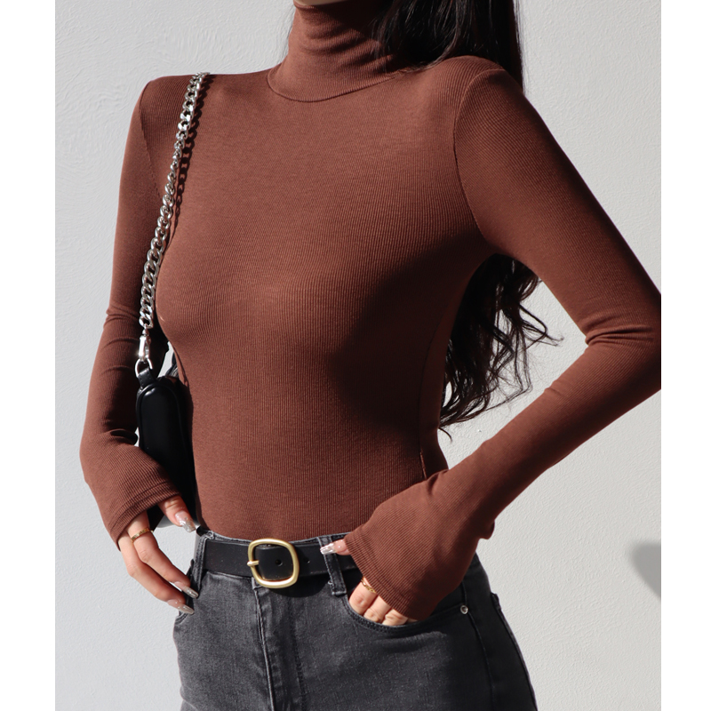 High-Neck Ribbed Long Sleeve T-Shirt - Sexy Slim-Fit Vintage Stretchy Base Layer Top for American Style Fashion High-Neck Ribbed Long Sleeve T-Shirt - Sexy Slim-Fit Vintage Stretchy Base Layer Top for American Style Fashion