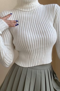 High-Neck Slim Fit Ribbed Knit Top for Autumn & Winter - Solid Color Long Sleeve Sweater Base Shirt in European American Style