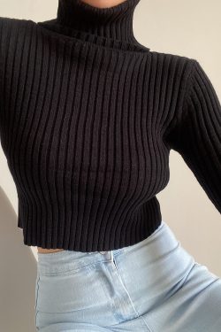 High-Neck Slim Fit Ribbed Knit Top for Autumn & Winter - Solid Color Long Sleeve Sweater Base Shirt in European American Style