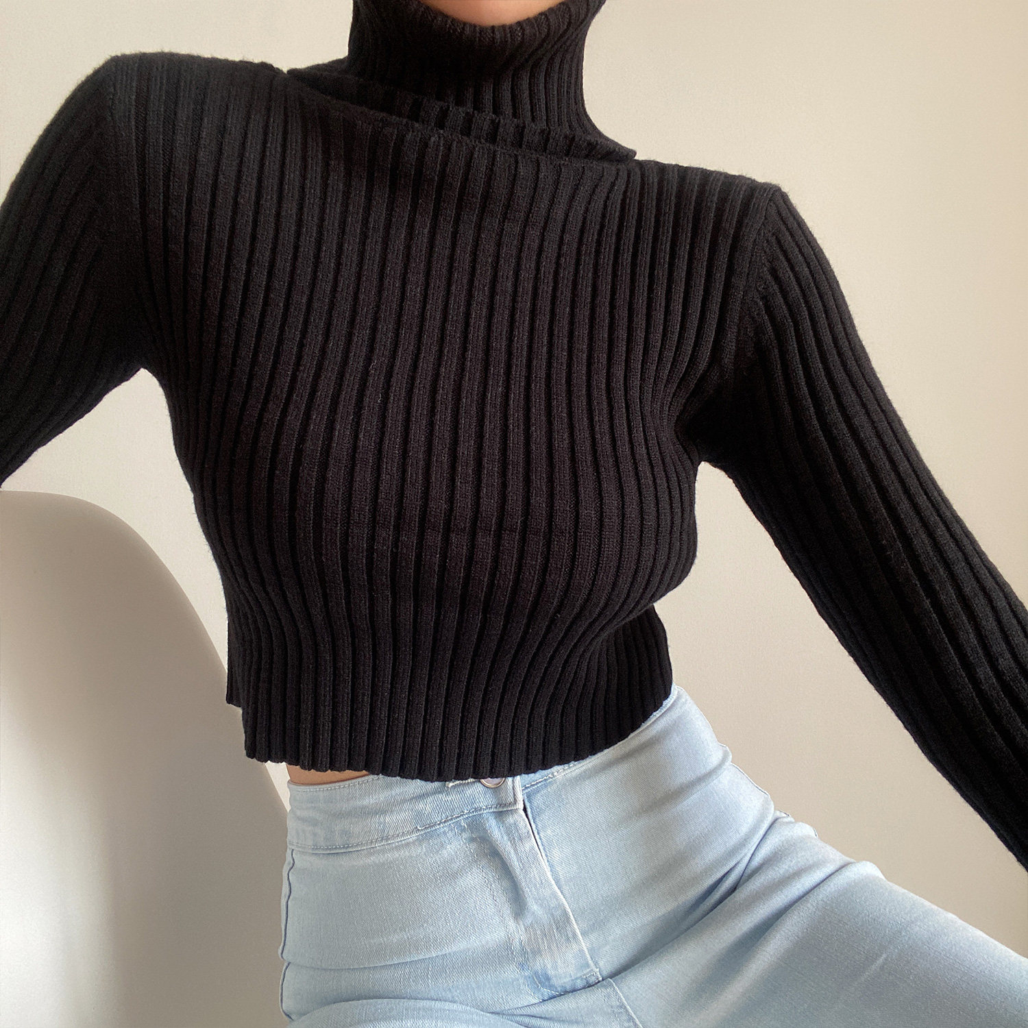 High-Neck Slim Fit Ribbed Knit Top for Autumn & Winter - Solid Color Long Sleeve Sweater Base Shirt in European American Style High-Neck Slim Fit Ribbed Knit Top for Autumn & Winter - Solid Color Long Sleeve Sweater Base Shirt in European American Style