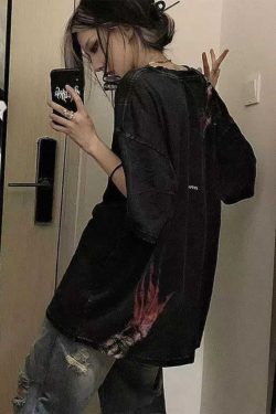 High Street Dark Style Vintage Water-Washed Oversized Short Sleeve T-Shirt for Women - Summer Evil Hand Design